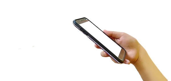 Fotoğraf izole kadın el kırpma yolu ile beyaz arka plan beyaz ekranlı akıllı telefon bekle