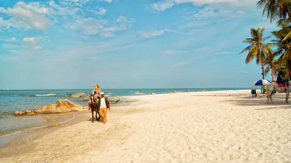 Hua Hin, Tayland, 23 Temmuz 2018: Turist Aile, anne ve oğlu Hua - Hin beach, Tayland ata biniyor 