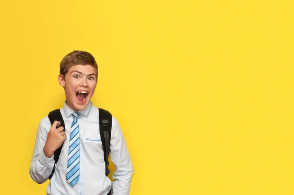 Ένα Αγόρι Μπλούζα Και Γραβάτα Σχολική Τσάντα Χαίρεται Συναισθηματικά Χαμογελώντας — Φωτογραφία Αρχείου