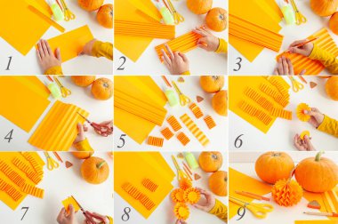 Kâğıttan balkabağı yapmak için adım adım talimat. Cadılar Bayramı el sanatları. Sonbahar origamisi.