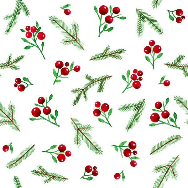 Seamless Watercolor Christmas Pattern Red Berries Spruce Branches White Background — Stock Photo, Image