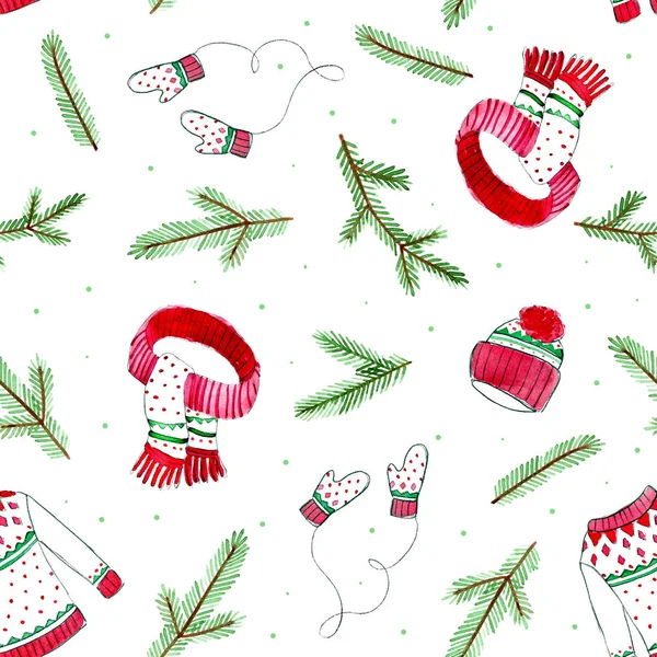Weihnachten Nahtlose Muster Mit Tannenzweigen Gestrickten Pullover Schal Fäustlinge Und — Stockfoto
