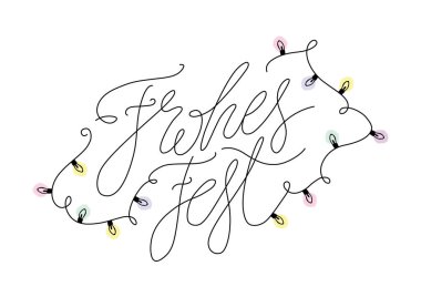 Frohes Fest Almanca dil Noel kutlama. Vektör hat Xmas lights ile el yazısı. Happy Holidays in Deutschland. 