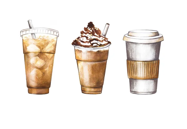 Zestaw filiżanek do kawy. Trzy akwarele ręcznie malowane rysunki kawy. — Zdjęcie stockowe