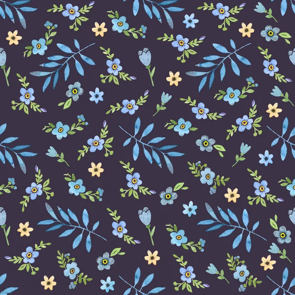Blue leaves and flowers watercolor seamless pattern. Spring back — Stock Photo, Image