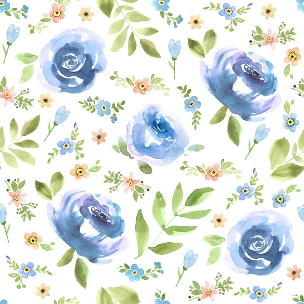 Seamless pattern with watercolor blue roses and forget-me-not fl — Stock Photo, Image
