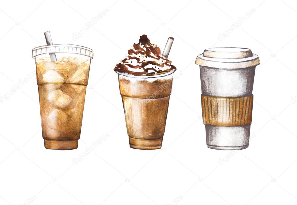 Coffee cups set. Three watercolor hand painted coffee drawings. 