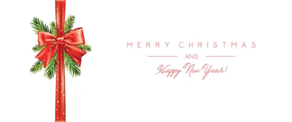 クリスマスとお正月のギフトカードテンプレート 赤いサテンの弓 リボン スプルース 白い背景に雪の中でモミの木の装飾を持つクリスマスバナー — ストックベクタ