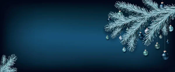 モミのトウヒの枝とクリスマスボールの装飾とクリスマスブルーの背景 コピースペース付きのXmasバナー 冬のハッピーホリデーテンプレート季節のグリーティングデザイン ベクトル — ストックベクタ