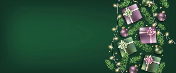 Grüne Weihnachten Hintergrund Mit Festlicher Weihnachtsdekoration Und Weihnachtsbeleuchtung Girlande Und — Stockvektor
