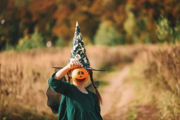 Halloween Kids. Portrait d'une fille souriante dans un chapeau de sorcières avec une citrouille à la main.Journée ensoleillée d'automne. — Photo