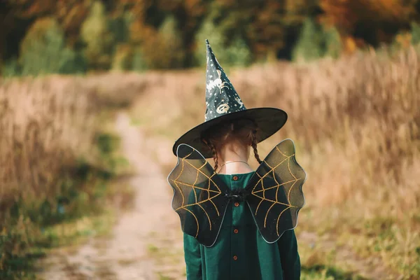 Aranyos lány elfordult egy karneváli jelmezben, kalapban és szárnyakkal. Boldog Halloweent.Napos őszi nap. — Stock Fotó