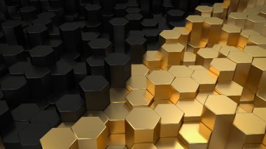 Altıgen geometrik arka plan. Birçok metal altıgenler yapısını. Parlak petek desen. Yaratıcı geometrik öğeleri. Petrol ve altın dijital kavramı. 3D render