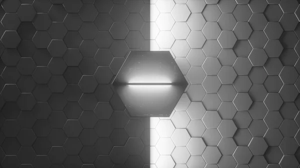 Hexagonal geometric background divided in half. Abstract structure of lots different height hexagons and one hex in center. Creative honeycomb surface. Top view. Cell elements pattern. 3d rendering