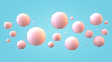 Parlak topları ile basit degrade arka plan üzerinde farklı büyüklük. Parlak balonlar boş alanda. Kaotik kayan küre ile soyut kompozisyon. 3D render