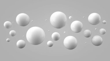 Parlak topları ile basit degrade arka plan üzerinde farklı büyüklük. Parlak balonlar boş alanda. Kaotik kayan küre ile soyut kompozisyon. 3D render