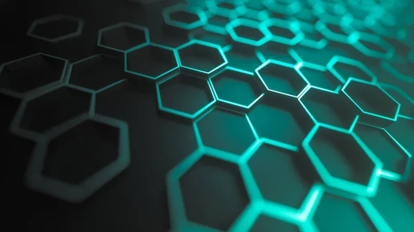Set of metal hexagons on dark plane. Creative honeycomb geometric structure. Tech pattern of cell elements. Graphic digital concept. Abstract background. 3d rendering