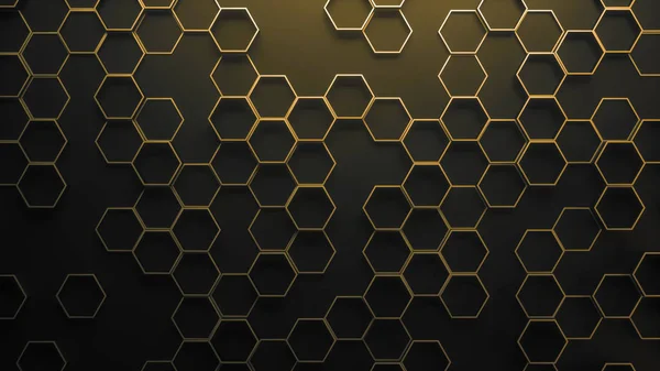 Set of metal hexagons on dark plane. Creative honeycomb geometric structure. Tech pattern of cell elements. Graphic digital concept. Abstract background. 3d rendering