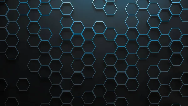 Set of metal hexagons on dark plane. Creative honeycomb geometric structure. Tech pattern of cell elements. Graphic digital concept. Abstract background. 3d rendering