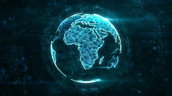 Digital globe made of plexus bright glowing lines. Detailed virtual planet earth. Technology structure of connected lines, dots and particles forming world. Africa continent. 3d rendering