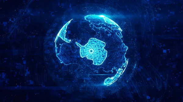 Digital globe made of plexus bright glowing lines. Detailed virtual planet earth. Technology structure of connected lines, dots and particles forming world. Antarctica continent. 3d rendering