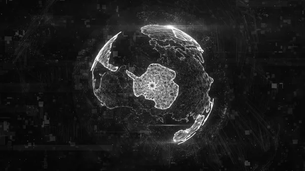 Digital globe made of plexus bright glowing lines. Detailed virtual planet earth. Technology structure of connected lines, dots and particles forming world. Antarctica continent. 3d rendering