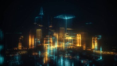 Dijital soyut şehir parlak noktalar yaptı. İş gökdelenler. Hologram binalar. Mimari teknolojisi yapısını parlak çizgiler ve parçacıklar. Bağlantı kavramı. 3D render