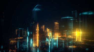 Dijital soyut şehir parlak noktalar yaptı. İş gökdelenler. Hologram binalar. Mimari teknolojisi yapısını parlak çizgiler ve parçacıklar. Bağlantı kavramı. 3D render