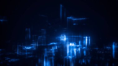 Dijital soyut şehir parlak noktalar yaptı. İş gökdelenler. Hologram binalar. Mimari teknolojisi yapısını parlak çizgiler ve parçacıklar. Bağlantı kavramı. 3D render