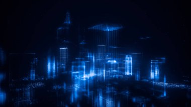 Dijital soyut şehir parlak noktalar yaptı. İş gökdelenler. Hologram binalar. Mimari teknolojisi yapısını parlak çizgiler ve parçacıklar. Bağlantı kavramı. 3D render