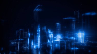 Dijital soyut şehir parlak noktalar yaptı. İş gökdelenler. Hologram binalar. Mimari teknolojisi yapısını parlak çizgiler ve parçacıklar. Bağlantı kavramı. 3D render