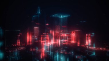 Dijital soyut şehir parlak noktalar yaptı. İş gökdelenler. Hologram binalar. Mimari teknolojisi yapısını parlak çizgiler ve parçacıklar. Bağlantı kavramı. 3D render