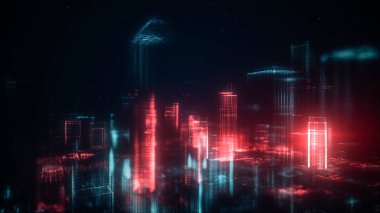 Dijital soyut şehir parlak noktalar yaptı. İş gökdelenler. Hologram binalar. Mimari teknolojisi yapısını parlak çizgiler ve parçacıklar. Bağlantı kavramı. 3D render