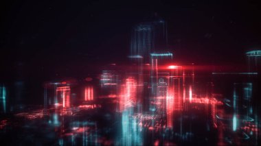 Dijital soyut şehir parlak noktalar yaptı. İş gökdelenler. Hologram binalar. Mimari teknolojisi yapısını parlak çizgiler ve parçacıklar. Bağlantı kavramı. 3D render