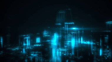 Dijital soyut şehir parlak noktalar yaptı. İş gökdelenler. Hologram binalar. Mimari teknolojisi yapısını parlak çizgiler ve parçacıklar. Bağlantı kavramı. 3D render