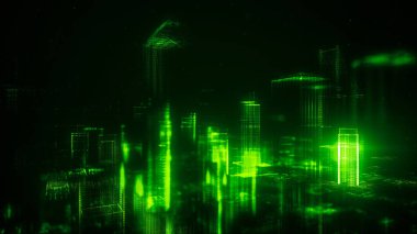 Dijital soyut şehir parlak noktalar yaptı. İş gökdelenler. Hologram binalar. Mimari teknolojisi yapısını parlak çizgiler ve parçacıklar. Bağlantı kavramı. 3D render