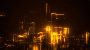 Dijital soyut şehir parlak noktalar yaptı. İş gökdelenler. Hologram binalar. Mimari teknolojisi yapısını parlak çizgiler ve parçacıklar. Bağlantı kavramı. 3D render