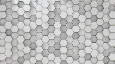 Beyaz metal altıgenler kümesi. Yaratıcı petek geometrik yapısı. Hücre elemanları teknik deseni. Dijital kavramı. Arka plan. 3D render