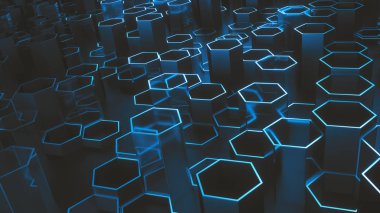 Metal ve cam altıgen sütunları kümesi. Yaratıcı petek geometrik yapısı. Hücre elemanları teknik deseni. Dijital kavramı. Arka plan. 3D render