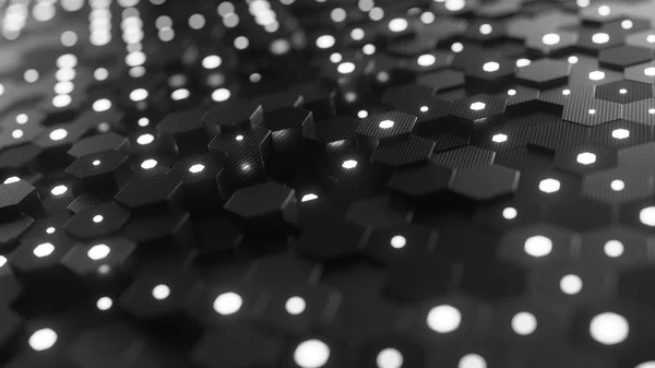 Abstract hexagonal geometric background. Structure of lots of hexagons of carbon fiber with small glowing hexagons above. Dark and luminous geometric elements with depth of field effect. 3d rendering