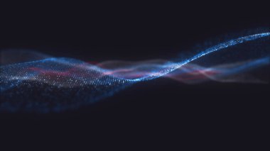 Soyut dalgalı yapı ile milyon-in parlayan parçacıklar. Renkli parlak nokta ve alan etkili derinliği ile sihirli arka plan bulanık. Bir sürü küçük parlayan parıldıyor. 3D render