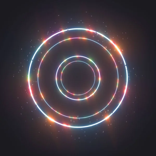 Glowing rings with small metal balls, luminous neon swirling on dark. Light circles of different sizes with bright shining areas. Magic energy portal with particles. Digital elements. 3d rendering