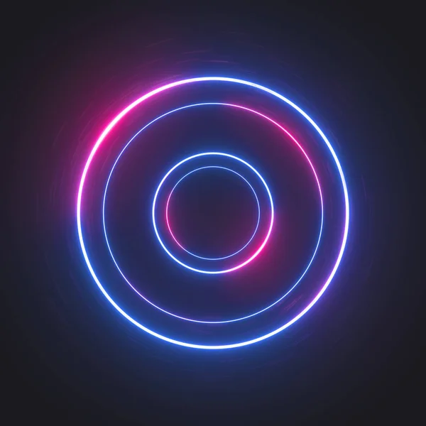 Glowing rings in motion, luminous neon swirling on dark. Light circles of different sizes with bright shining areas. Magic energy portal. Digital elements. 3d rendering