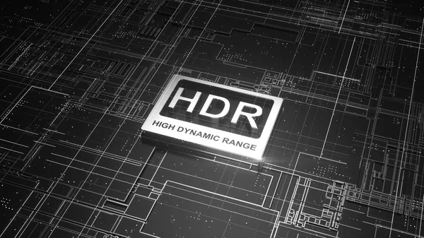HDR high dynamic range symbol on abstract electronic circuit board. Television technology concept, ultra high definition sign on digital background with many lines and geometric elements. 3d rendering