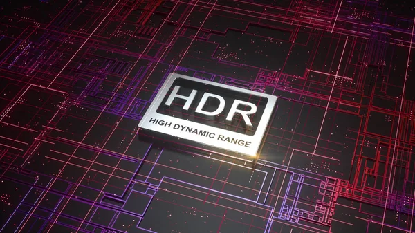 HDR high dynamic range symbol on abstract electronic circuit board. Television technology concept, ultra high definition sign on digital background with many lines and geometric elements. 3d rendering