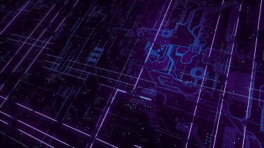 Dijital elektronik devre kartı. Birçok parlak çizgiler ve geometrik öğeleri soyut yapısını. Yaratıcı teknoloji kavramı. Siyah arka plan üzerinde öğeleri aydınlık ve metal. 3D render