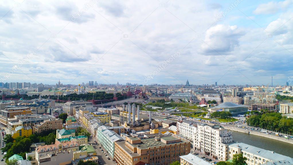 View of the center of Moscow aerial view. View of the  Kremlin, Red square, Zaryadye Park, Moscow river
