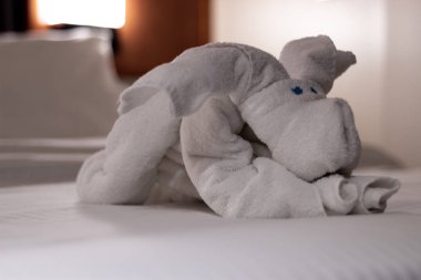 Bulldog lüks bir otelde havlu yapılmış
