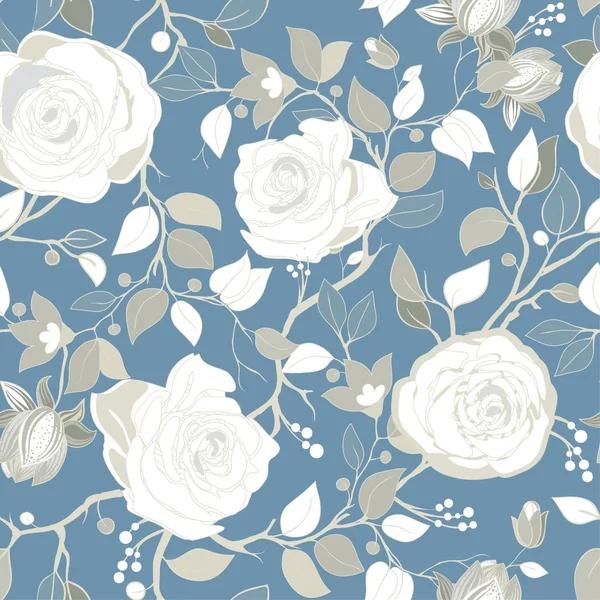 Patrón gris con grandes rosas blancas. Papel pintado vectorial con grandes flores de ilustración. Plantas dibujadas a mano — Vector de stock