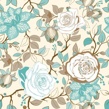 Renkli çiçek desenli. Büyük resimde çiçekler ile vektör duvar kağıdı. Elle çizilmiş bitkiler, gül